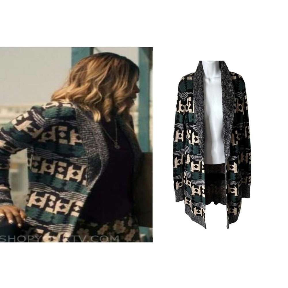 Ecote Urban Outfitters Intarsia Aztec Green Grey Sweater Shawl Open Cardigan S